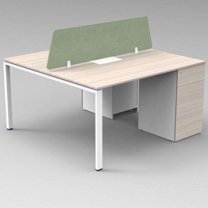 2-Person Workstation with Metal Legs, Side Cabinet, and Upholstery Screen