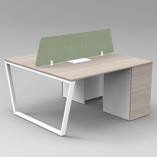 2-Person Workstation with Angled Metal Frame, Side Cabinet, and Upholstery Screen