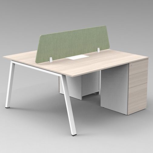 2-Person Workstation with Angled Metal Legs, Side Cabinet, and Upholstery Screen