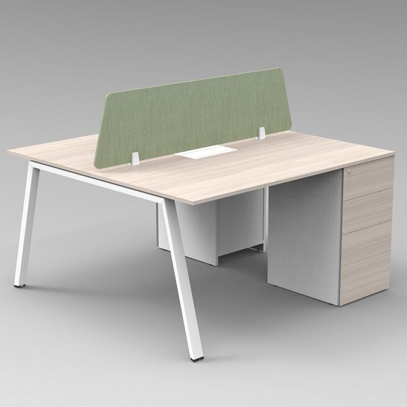 2-Person Workstation with Angled Metal Legs, Side Cabinet, and Upholstery Screen