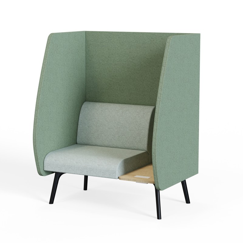 Bay‑Booth‑1 – Single‑Seat Acoustic Booth · MFC Side Panels (25 mm) · Moulded Foam Seat · Black Metal Frame