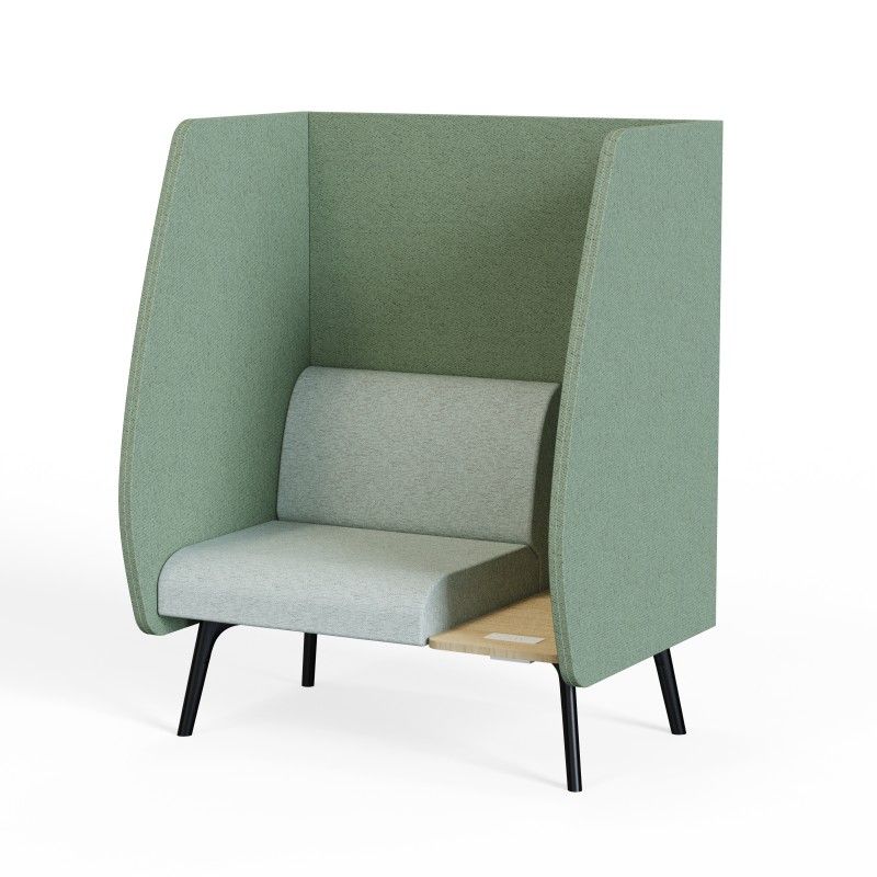 Bay‑Booth‑1 – Single‑Seat Acoustic Booth · MFC Side Panels (25 mm) · Moulded Foam Seat · Black Metal Frame