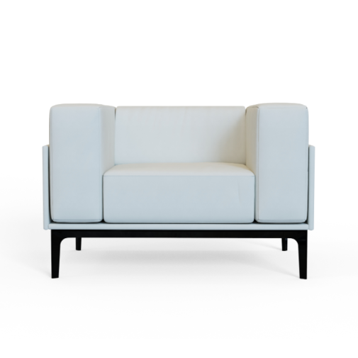 SQ‑B‑01 – Single‑Seat Sofa · Solid Wood Frame · High‑Resilience Foam · Aluminium Base with Crossbar