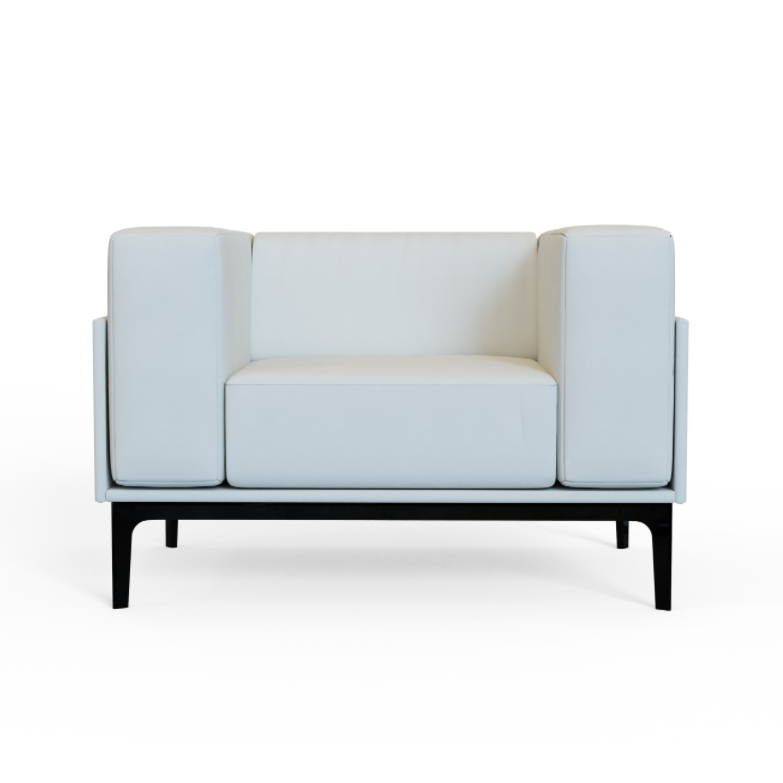 SQ‑B‑01 – Single‑Seat Sofa · Solid Wood Frame · High‑Resilience Foam · Aluminium Base with Crossbar